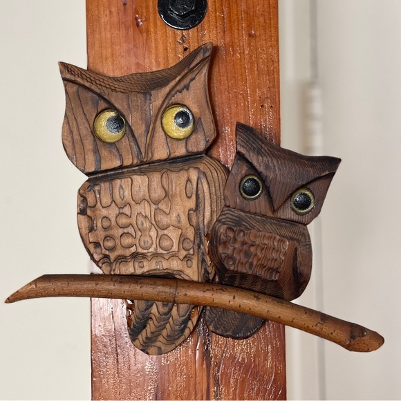 Vintage Mid Century MCM Wooden Pair of Owls Yellow Eyes on Stick Wall Decor - Picture 1 of 4